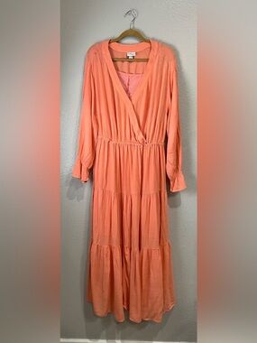 Ava & Viv Coral Tiered Long Sleeve Maxi Dress Sz 2X Boho Beach Chic TC0505